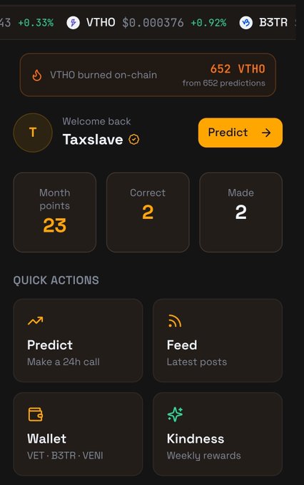Mobile app screenshot of a crypto prediction platform showing VTHO burned on-chain, a user 'Taxslave' with 23 monthly points and 2 correct predictions, and quick action buttons for Predict, Feed, Wallet, and Kindness.