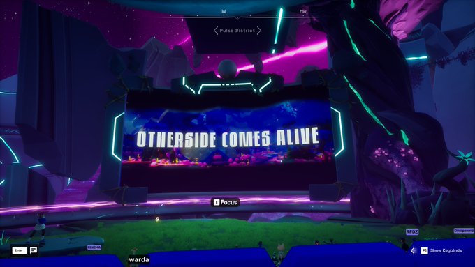 A video game screen displaying 'OTHERSIDE COMES ALIVE' in large neon letters under the 'Pulse District' label.
