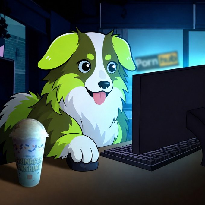 An anthropomorphic cartoon dog with green and white fur sits at a computer desk, using a mouse next to a cup labeled "Grimages Birthday," with a "Pornhub" sign visible in the window behind.