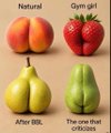 A humorous chart comparing fruit and gym girl stereotypes, labeling a peach as 'Natural' and the gym girl version as 'The one that follows'.