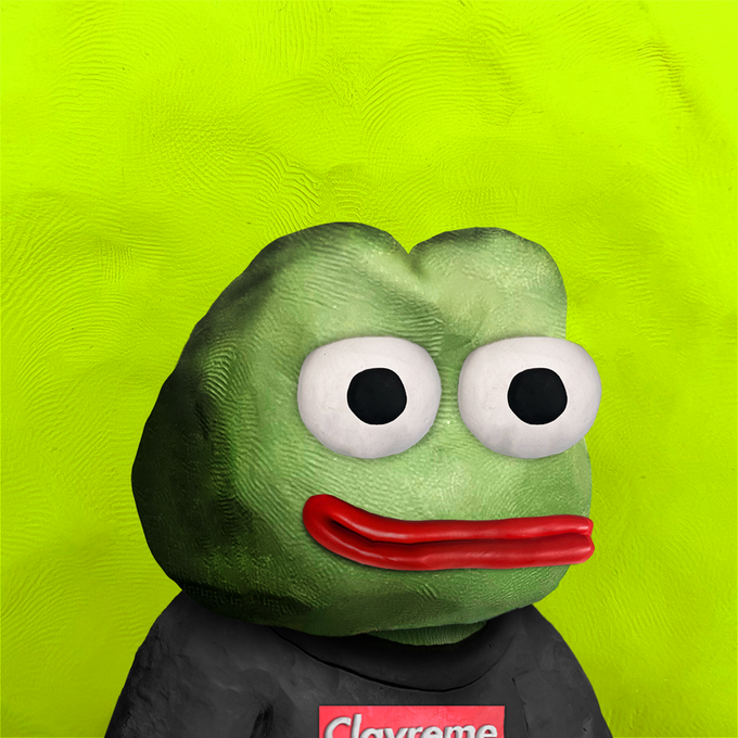 A 3D-rendered green Pepe the Frog character with a smug red-lipped expression wears a black shirt featuring a partially visible "Supreme" logo, set against a bright green textured background. The smug, oblivious expression perfectly captures Phil's naive confidence in his crypto investments while his wife unknowingly funds his degen gambling habits.