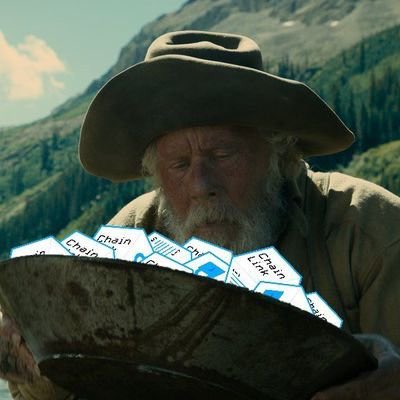 A cinematic image of a weathered man in a cowboy hat reading a document labeled 'Chain Link' against a mountainous landscape, evoking a Western film aesthetic.