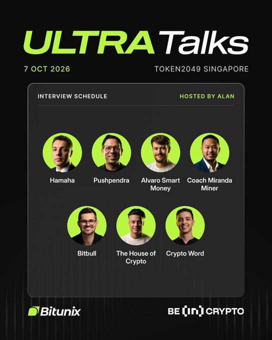 Promotional graphic for "ULTRA Talks" on 7 October 2026 at TOKEN2049 Singapore, hosted by Alan and featuring seven interview guests: Hamaha, Pushpendra, Alvaro Smart Money, Coach Miranda Miner, Bitbull, The House of Crypto, and Crypto Word, co-sponsored by Bitunix and BE[IN]CRYPTO.