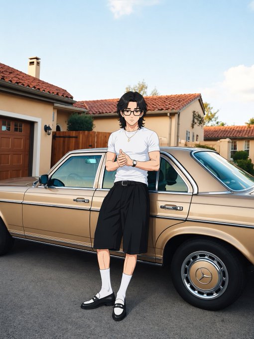 The image features a man standing next to an old car with tan paint. He's wearing glasses and has his hands in his pockets while posing for the photo. The background of the image shows a house, suggesting that they are in someone's driveway or yard. The caption reads "gm frens, it's weekend eyes on $RIVER". This means that the man is dressed up and ready to go out for the day, possibly attending an event or going out with friends.

The post seems to be promoting a car dealership or a car-related business, as indicated by the caption. The image has been edited in such a way that it appears to be a cartoon style, which adds a creative and artistic touch to the overall presentation of the photo.