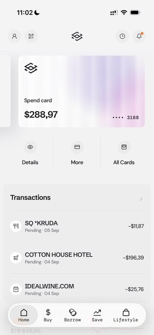 A mobile banking app screenshot showing a Spend card balance of $288.97, pending transactions with SQ *KRUDA (-$11.87), COTTON HOUSE HOTEL (-$196.39), and IDEALWINE.COM (-$25.76), with a balance of $79,648.80.