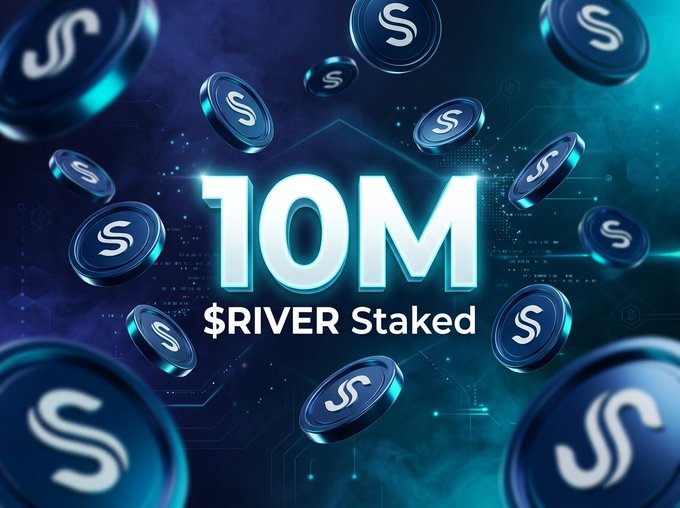 The image features a large number of blue coins scattered across a dark background, with the text "10M" written above them. The coins are floating around, creating an impression that they are raining down from the sky. The phrase "River Staked" is also present in the image, which could be related to a cryptocurrency or token named after the river. The overall scene suggests that there might be some sort of online campaign or event related to the river token, possibly involving tasks or community engagement for users to earn points and participate in the ecosystem.