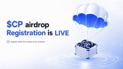 The image features a "$CP airdrop Registration is LIVE" announcement with a blue and white parachute delivering a treasure chest against a blue background, with small text noting "Register within the window to be included." 

The graphic visually complements the post's message by promoting the $CP airdrop registration that has since closed, with the parachute-and-treasure imagery symbolizing the airdrop rewards awaiting users ahead of the September 2 launch.