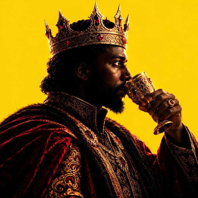 A stylized portrait of a bearded Black man wearing a golden crown with red jewels and red velvet robes, drinking from a golden goblet against a yellow background.