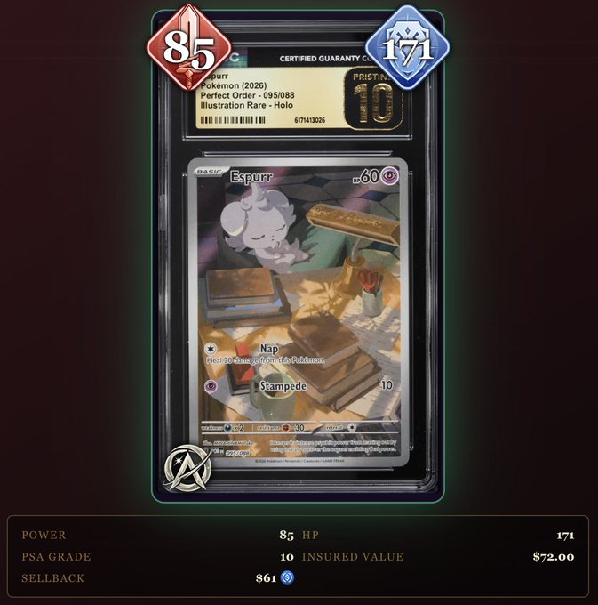 A graded Pokémon card 'Espurr' displayed in a PSA slab with a grade of 10, showing an HP of 85, an insured value of 171, and a sellback value of $61.