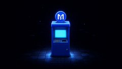 A glowing blue futuristic device or machine with an 'M' logo on top, set against a dark background.