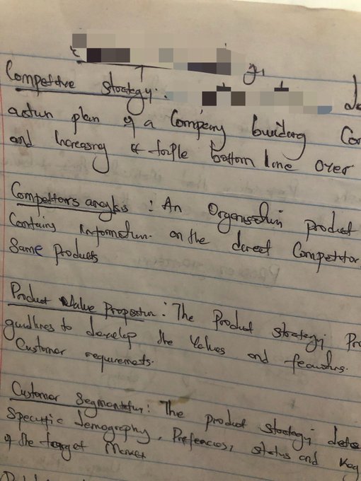 Handwritten notes on lined paper covering Competitive Strategy topics including action plan, competitors analysis, product value proposition, and customer segmentation.