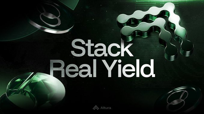 The image features a green background with the text "Stack Real Yield" written above it. Below this, there are three circles of varying sizes arranged in a row, each containing a different number from 1 to 3. The largest circle has the number 2 on it and is surrounded by smaller circles with numbers ranging from 1 to 3. The image also includes a green arrow pointing upwards towards the top right corner.