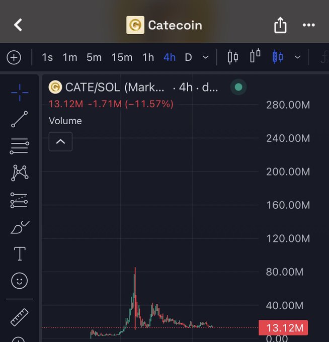 A TradingView chart displays Catecoin (CATE/SOL) on a 4-hour timeframe, showing volume of 13.12M with a -11.57% decline (-1.71M). Despite the recent dip, the chart reflects significant trading activity, reinforcing the post's bullish stance urging accumulation of CATE as a memecoin play.