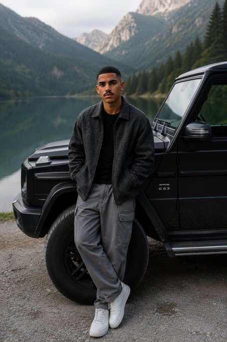 A young man wearing a gray jacket and cargo pants leaning against a black Mercedes-Benz G63 SUV with a scenic mountain lake backdrop.