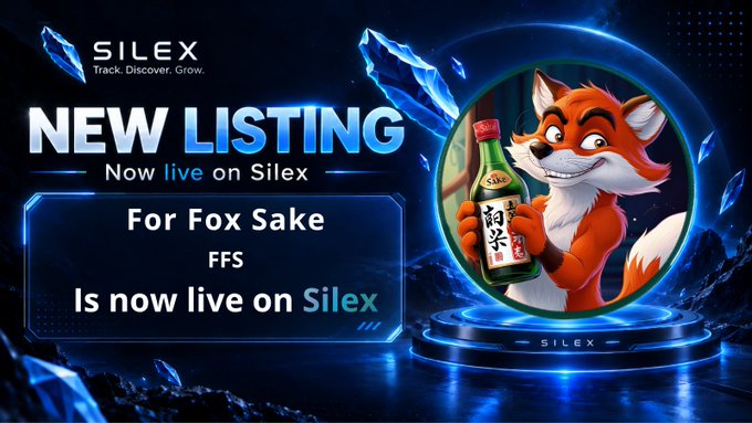 A promotional graphic for Silex exchange announces a "NEW LISTING" for the token "For Fox Sake (FFS)," featuring an anthropomorphic fox holding a bottle with Asian characters on it.