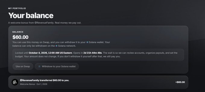 A portfolio dashboard screenshot titled 'Your balance' shows a $60.00 balance with the text 'A welcome bonus from @RevenueFamily' and locked withdrawal options via Swap or Solana wallet.