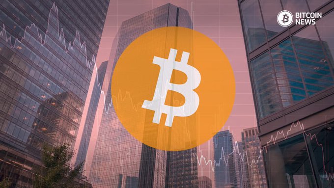 The image shows the Bitcoin logo (₿) prominently displayed against a backdrop of modern city skyscrapers with overlaid stock chart graphics, alongside a "Bitcoin News" logo in the upper right. This visual reinforces the post about US spot Bitcoin ETFs experiencing $390M in net outflows during their worst week in two months, symbolizing the cryptocurrency's market downturn in a financial/urban setting.