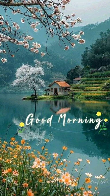 A serene lakeside scene features a quaint cottage with a red roof nestled among blooming cherry blossom trees and vibrant wildflowers, with the text "Good Morning" elegantly overlaid on the calm water. The peaceful morning image complements the optimistic "Good Morning, Legends!" greeting, symbolizing a fresh start and steady progress, much like the project's advancement with its testnet launch and growing community.