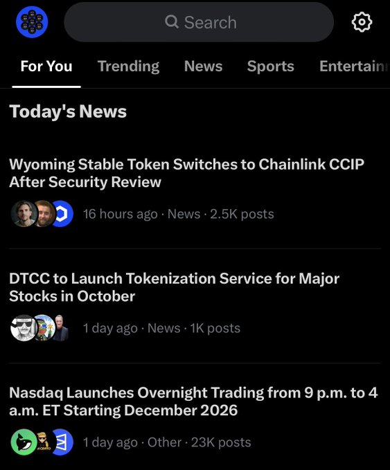 The image shows a "Today's News" section in an app featuring headlines including "Wyoming Stable Token Switches to Chainlink CCIP After Security Review" (2.5K posts) and "DTCC to Launch Tokenization Service for Major Stocks in October" (1K posts). This supports the "Chainlink is inevitable" sentiment, as Chainlink's CCIP technology is being adopted for stablecoin infrastructure and major financial institutions are increasingly building tokenization services on its ecosystem.