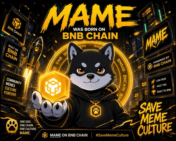 Promotional graphic for "MAME" cryptocurrency meme coin featuring a Shiba Inu dog character in a hoodie holding a BNB Chain cube, with text including "MAME WAS BORN ON BNB CHAIN," "ONE DOG. ONE CHAIN. ONE CULTURE. MAME," and "#SaveMemeCulture."