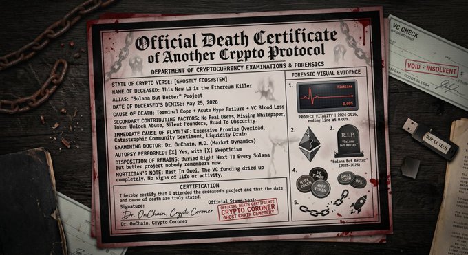urns, chains, and a book are scattered on a dark wooden surface, accompanied by a black and white certificate for "Official Death Certificate of Another Crypt Protocols".