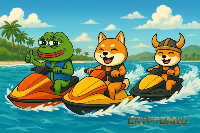 Cartoon illustration of a green frog, a Shiba Inu dog, and a Viking-helmeted dog riding jet skis in tropical waters, watermarked 'CRYPTOANU'.