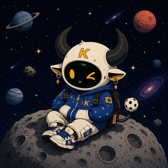 A cartoon astronaut bull with horns and a "K" emblem sits on a cratered moon against a starry space backdrop with planets and a soccer ball. The image ties to the $KRON memecoin launch, with the "K" branding matching the token name as the mascot celebrates the debut.
