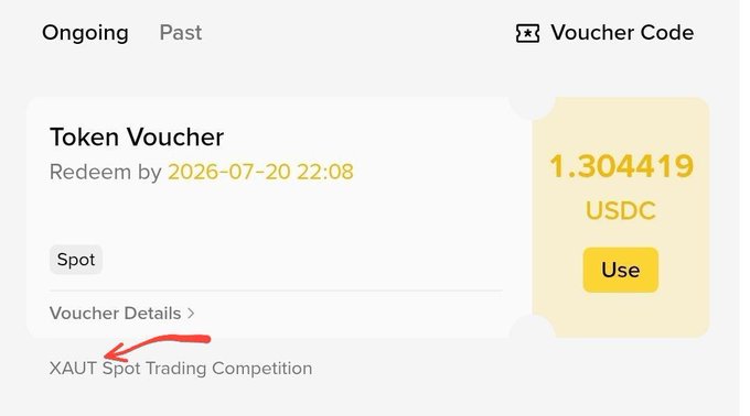 A Binance voucher screen showing a Token Voucher worth 1.304419 USDC for Spot trading, redeemable by 2026-07-20 22:08, tied to the 'XAUT Spot Trading Competition.'