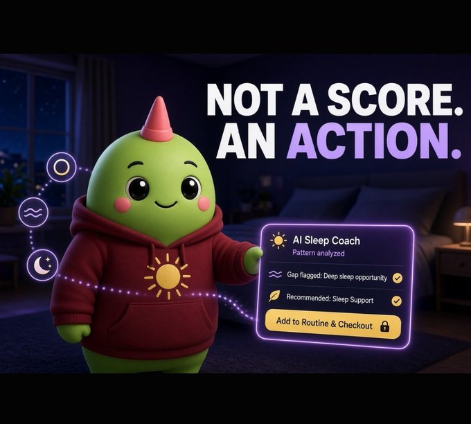 An advertisement featuring a green mascot character presenting an 'AI Sleep Coach' interface that says 'NOT A SCORE. AN ACTION.' and offers a 'Sleep Support' recommendation.