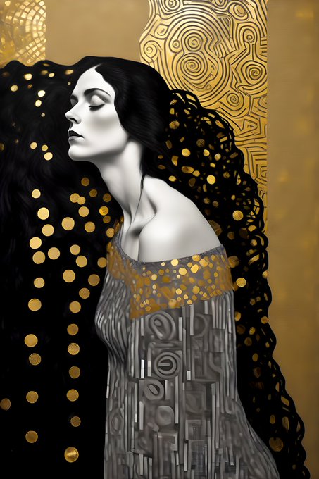 Stylized digital artwork of a woman with flowing dark hair and golden dots, wearing a dress decorated with golden geometric patterns inspired by Gustav Klimt's style.