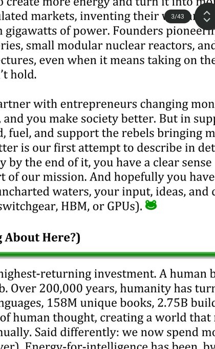 The image shows a page from what appears to be Ribbit Capital's "Power Letter," specifically page 3 of 43, discussing topics like gigawatts of power, small modular nuclear reactors, and energy-related investments, with text mentioning "switchgear, HBM, or GPUs." The content aligns with the post's emphasis on how lowering the landed price of intelligence will define future valuable platforms and business models, with a nod to $TIBBIR's role in this energy-intelligence intersection.