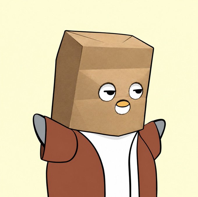 A cartoon character with a brown paper bag on its head, featuring cartoon eyes and a beak-like mouth, wears a red jacket and white shirt against a beige background.