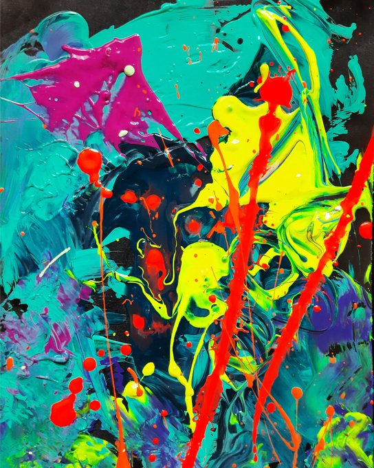 An abstract painting features thick, glossy splatters and drips of vibrant teal, magenta, neon yellow, and red paint against a black background.