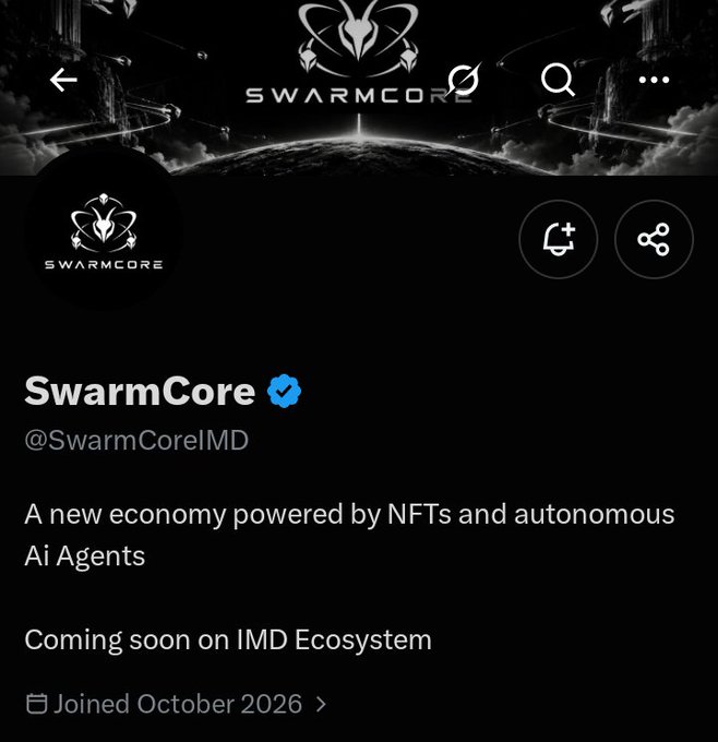 A Twitter profile page for SwarmCore (@SwarmCoreIMD), describing itself as 'A new economy powered by NFTs and autonomous Ai Agents', with 'Coming soon on IMD Ecosystem' and 'Joined October 2026'.
