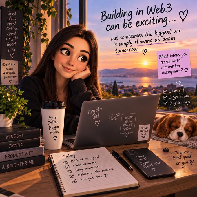 A digital illustration of a young woman with a laptop and coffee mug at a desk, overlaid with motivational text about Web3, including phrases like 'Building in Web3 can be exciting,' 'Crypto Girl,' 'MINDSET,' 'CRYPTO,' and 'PRODUCTIVITY.'