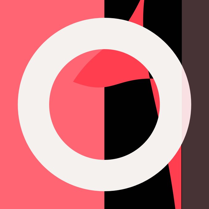 An abstract geometric design featuring overlapping circles and angular shapes in shades of pink, red, black, and white.