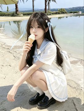 A young woman with long dark hair crouches on a sandy beach, eating a vanilla ice cream cone while dressed in a sailor-style school uniform with blue ribbon accents, with palm trees and water visible in the background.