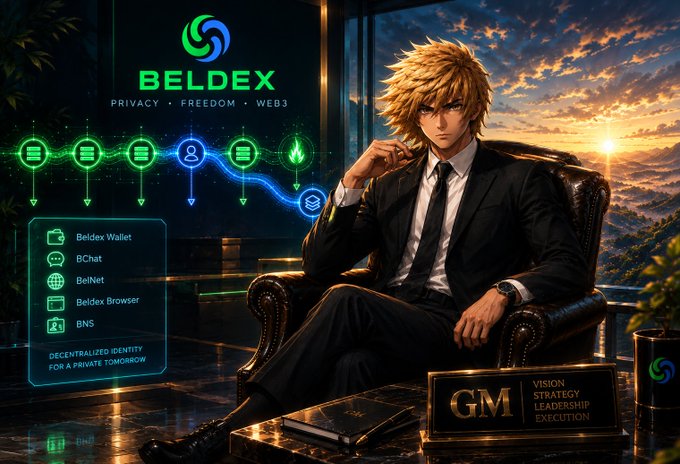 An anime-style promotional image for 'BELDEX' featuring a blonde man in a suit, advertising products like Beldex Wallet, BChat, BelNet, Beldex Browser, and BNS with the tagline 'Decentralized Identity for a Private Tomorrow'.