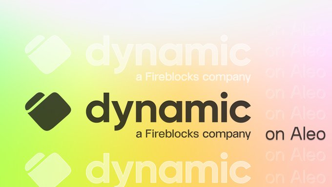 A promotional graphic displaying the 'dynamic' logo (a Fireblocks company) with the text 'on Aleo' repeated on the right side against a pastel gradient background.