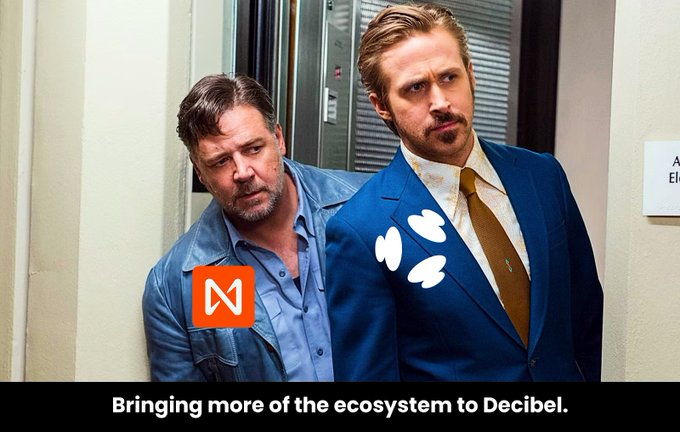 The image features two men resembling characters from "The Big Lebowski" standing together in a hallway, with an "N" logo overlay and the caption "Bringing more of the ecosystem to Decibel."—a playful visual tie-in to NEAR Intents' integration with DecibelTrade, echoing the post's "Knock knock" announcement of bringing BTC and cross-chain assets to the Aptos-based perpetuals exchange.