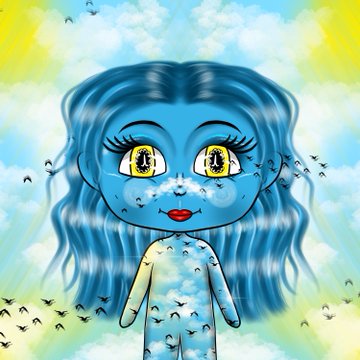 A digital illustration features a cartoon-style girl with blue hair, large yellow eyes, and a pale blue body, set against a dreamy sky background with clouds and birds, fitting the artistic NFT theme of the "ClassySassyGirls" (#CSG) collection reveal.