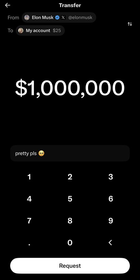 The image shows a screenshot of X's (formerly Twitter) transfer feature, displaying a hypothetical $1,000,000 transfer request from Elon Musk (@elonmusk) to the user's account with a message "pretty pls 😩" and a Request button. This illustrates the post's sentiment about wanting public access to XMoney to receive large transfers like this from Musk himself.