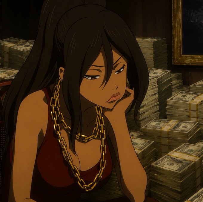 An anime-style illustration depicts a dark-skinned woman with a long ponytail, wearing a red top and a thick gold chain necklace, resting her chin on her hand with a bored expression while surrounded by stacks of banded hundred-dollar bills in a dimly lit room. The image conveys wealth and confidence, fitting the post's excited "bull market" sentiment and announcement of swapping in a bullish profile picture to signal a coordinated push for gains.