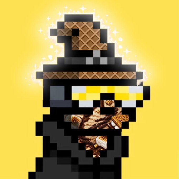 Pixel art character resembling a stacked dessert with chocolate wafers and a yellow/cream filling, depicted with a face and set against a sparkling yellow background.