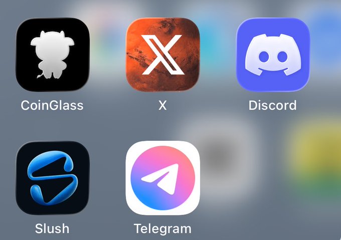 A smartphone home screen showing five app icons: CoinGlass, X, Discord, Slush, and Telegram.