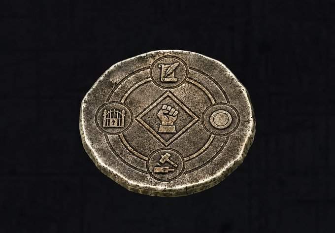 A weathered stone medallion engraved with a central raised fist and four surrounding symbols—a barred letter "Z," a barred gate, a circular seal, and a gavel—symbolizing the merit-based access philosophy behind the Iron Lords whitelist mentioned in the post. The fist motif represents strength and true value, while the gavel and gate imagery reinforces the theme of breaking down exclusive barriers and rebuilding fair entry.