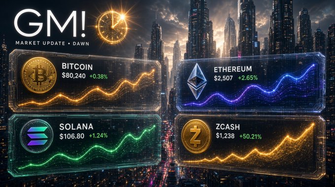 A cryptocurrency market update graphic titled 'GM! MARKET UPDATE • DAWN' showing price tickers for Bitcoin ($80,240, +0.38%), Ethereum ($2,507, +2.65%), Solana ($106.80, +1.24%), and Zcash ($1.238, +50.21%) against a futuristic city skyline.