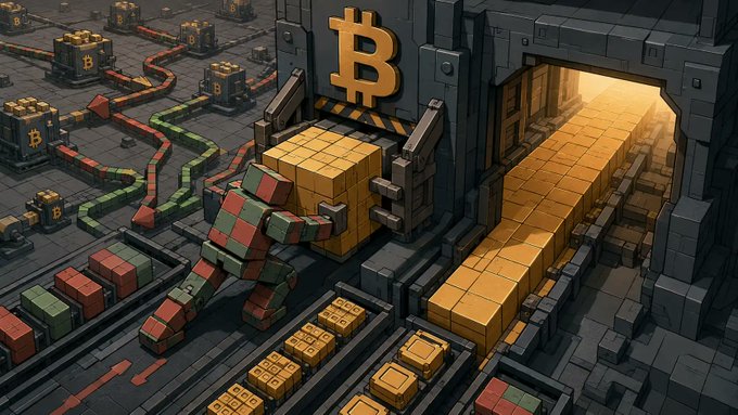 An isometric 3D digital artwork depicting a factory-like facility with a Bitcoin logo above its entrance, gold bars inside, and a robot figure in the foreground surrounded by Bitcoin-marked containers.