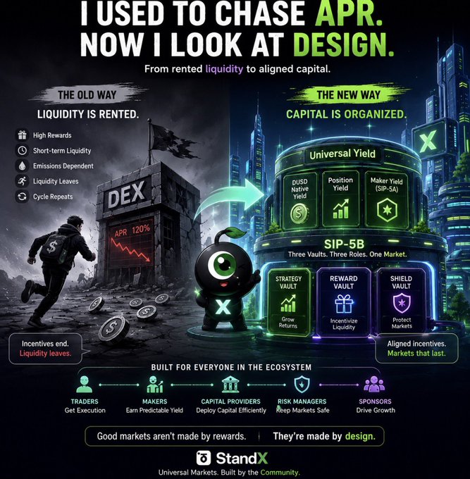 The image is a promotional graphic from StandX contrasting "The Old Way" of rented liquidity through DEXs chasing high APR (e.g., "APR 120%") with "The New Way" of organized capital via SIP-5B, featuring "Universal Yield" with DUSD, Position, and Maker Yield components, alongside Strategy, Reward, and Shield Vaults serving traders, makers, capital providers, risk managers, and sponsors.

It visualizes the post's realization that SIP-5 wasn't just another incentive update but a structural redesign—replacing the broken DEX cycle of short-term rewards with a sustainable, design-driven market system.