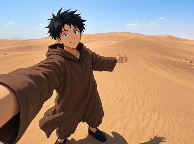 An anime-style illustration of a young man with spiky black hair wearing a brown hooded robe, taking a selfie in a vast desert landscape.